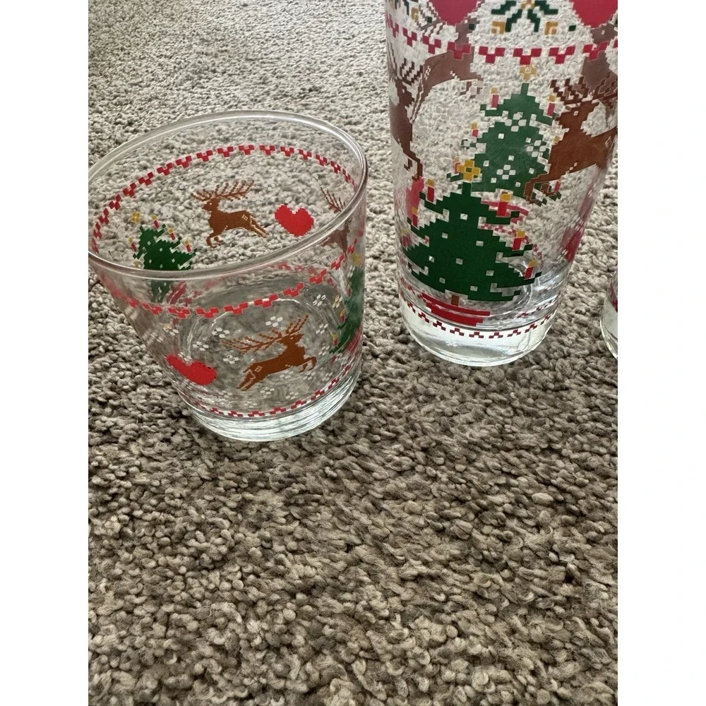 Vintage CHD 1984 Cross Stitch Christmas Tumbler Glass With Trees Reindeer Hearts